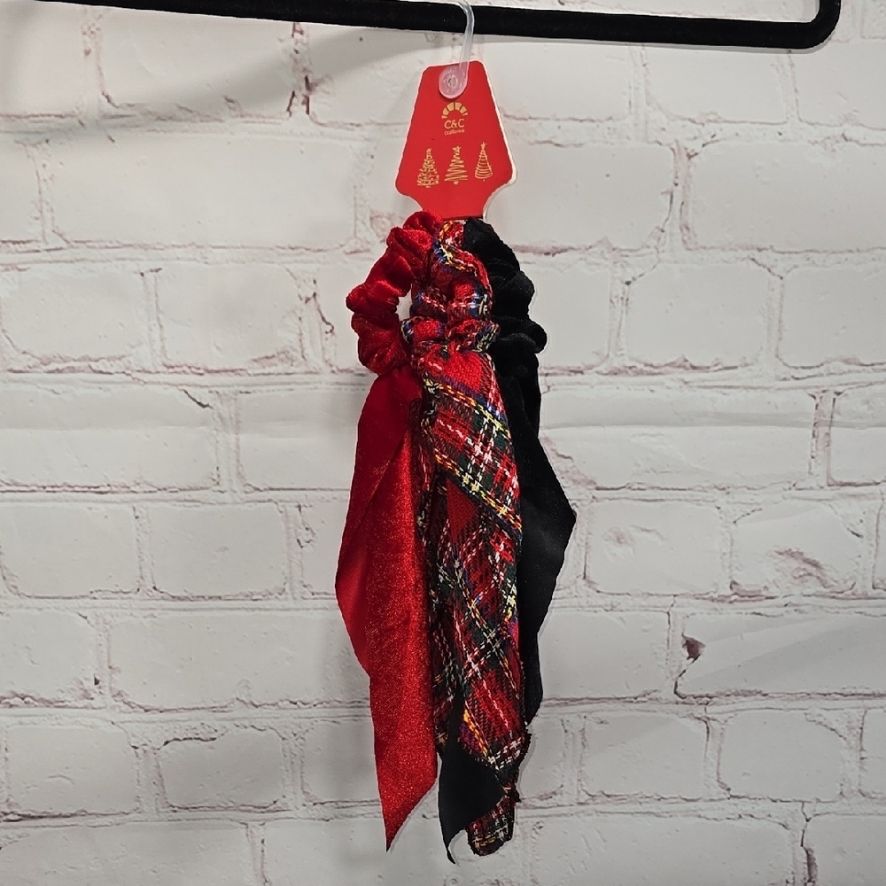 C&C Red, Black and Plaid 3pc Scrunchie Set NWT